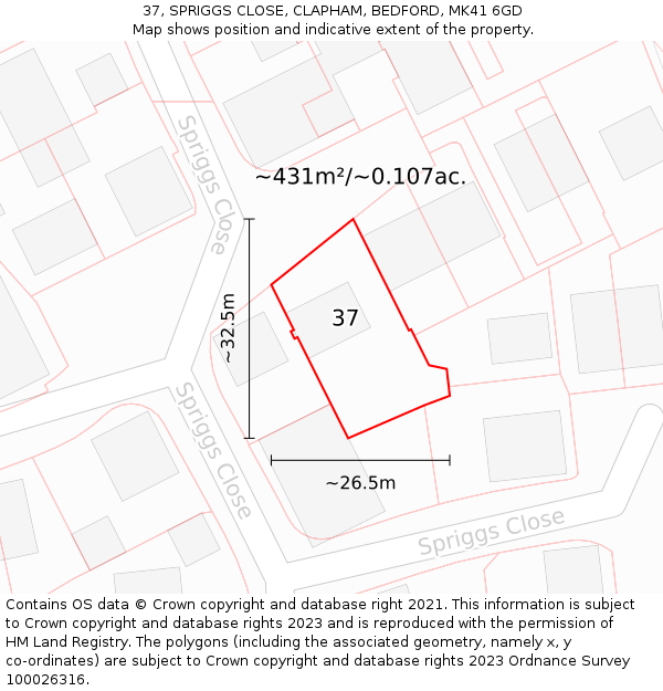 37, SPRIGGS CLOSE, CLAPHAM, BEDFORD, MK41 6GD: Plot and title map