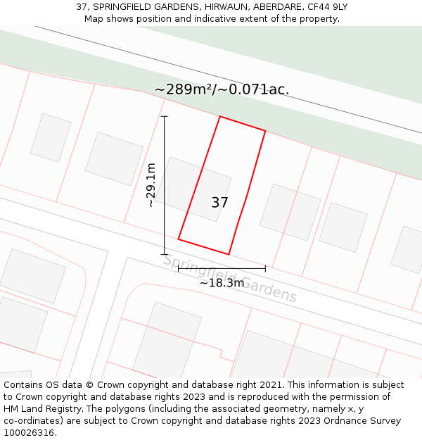 37, SPRINGFIELD GARDENS, HIRWAUN, ABERDARE, CF44 9LY: Plot and title map
