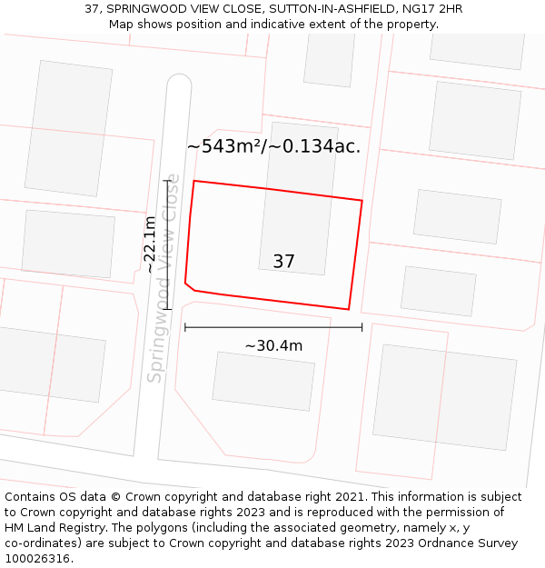 37, SPRINGWOOD VIEW CLOSE, SUTTON-IN-ASHFIELD, NG17 2HR: Plot and title map