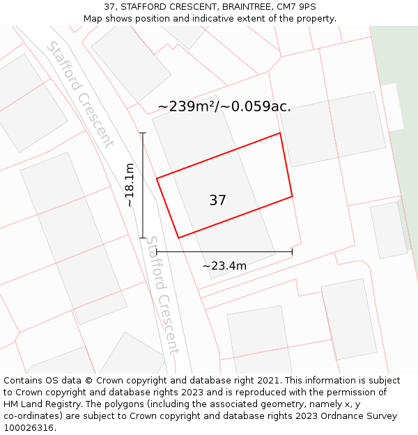 37, STAFFORD CRESCENT, BRAINTREE, CM7 9PS: Plot and title map