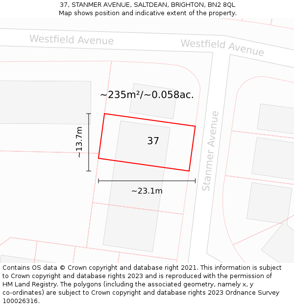 37, STANMER AVENUE, SALTDEAN, BRIGHTON, BN2 8QL: Plot and title map