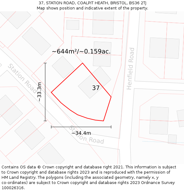 37, STATION ROAD, COALPIT HEATH, BRISTOL, BS36 2TJ: Plot and title map