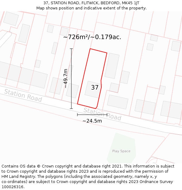 37, STATION ROAD, FLITWICK, BEDFORD, MK45 1JT: Plot and title map