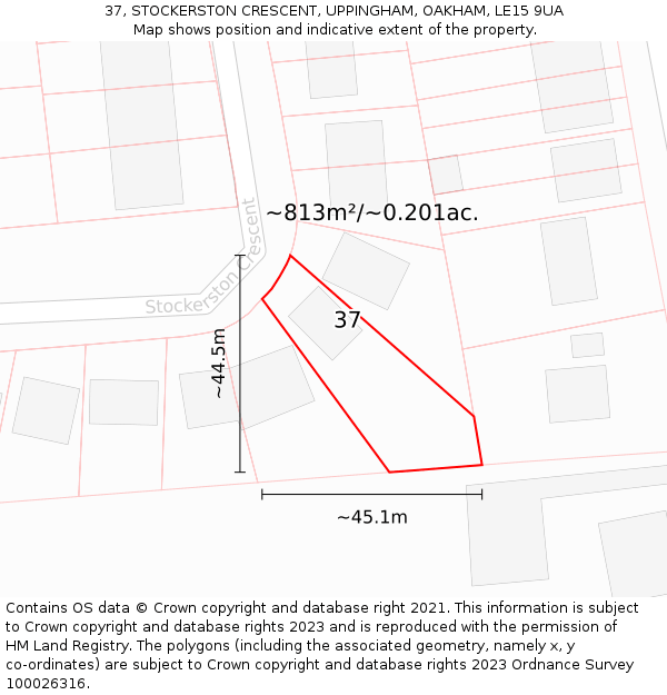 37, STOCKERSTON CRESCENT, UPPINGHAM, OAKHAM, LE15 9UA: Plot and title map