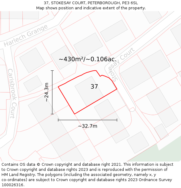 37, STOKESAY COURT, PETERBOROUGH, PE3 6SL: Plot and title map
