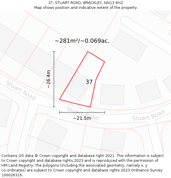 37, STUART ROAD, BRACKLEY, NN13 6HZ: Plot and title map