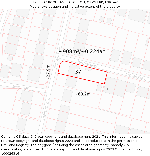 37, SWANPOOL LANE, AUGHTON, ORMSKIRK, L39 5AY: Plot and title map