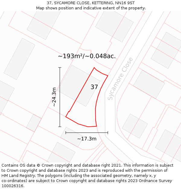 37, SYCAMORE CLOSE, KETTERING, NN16 9ST: Plot and title map