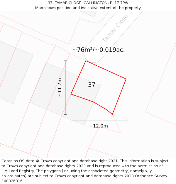 37, TAMAR CLOSE, CALLINGTON, PL17 7PW: Plot and title map
