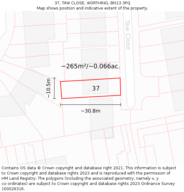 37, TAW CLOSE, WORTHING, BN13 3PQ: Plot and title map