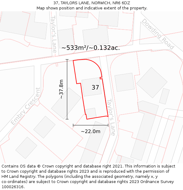 37, TAYLORS LANE, NORWICH, NR6 6DZ: Plot and title map