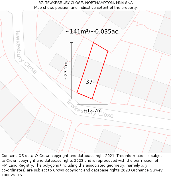 37, TEWKESBURY CLOSE, NORTHAMPTON, NN4 8NA: Plot and title map