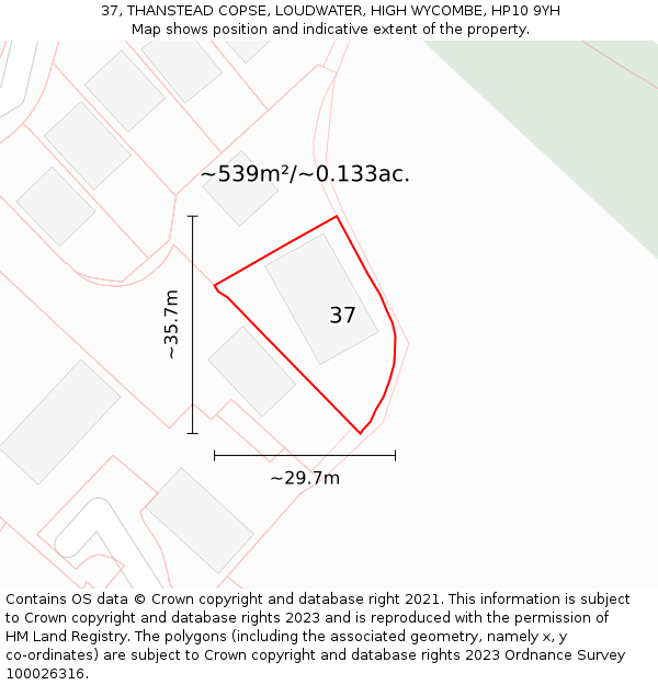 37, THANSTEAD COPSE, LOUDWATER, HIGH WYCOMBE, HP10 9YH: Plot and title map