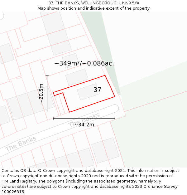 37, THE BANKS, WELLINGBOROUGH, NN9 5YX: Plot and title map