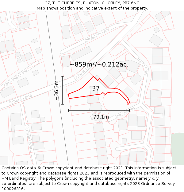 37, THE CHERRIES, EUXTON, CHORLEY, PR7 6NG: Plot and title map