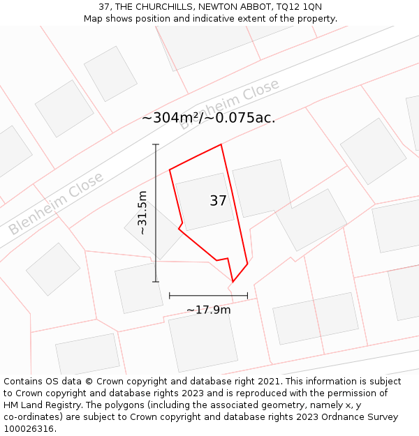 37, THE CHURCHILLS, NEWTON ABBOT, TQ12 1QN: Plot and title map