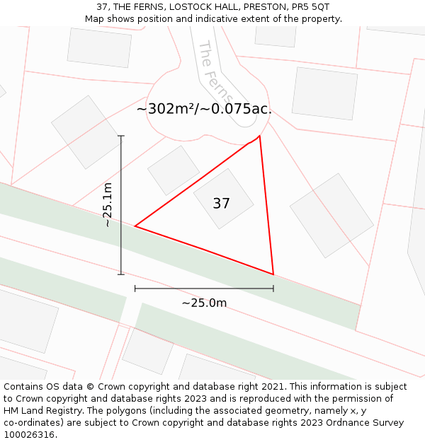 37, THE FERNS, LOSTOCK HALL, PRESTON, PR5 5QT: Plot and title map