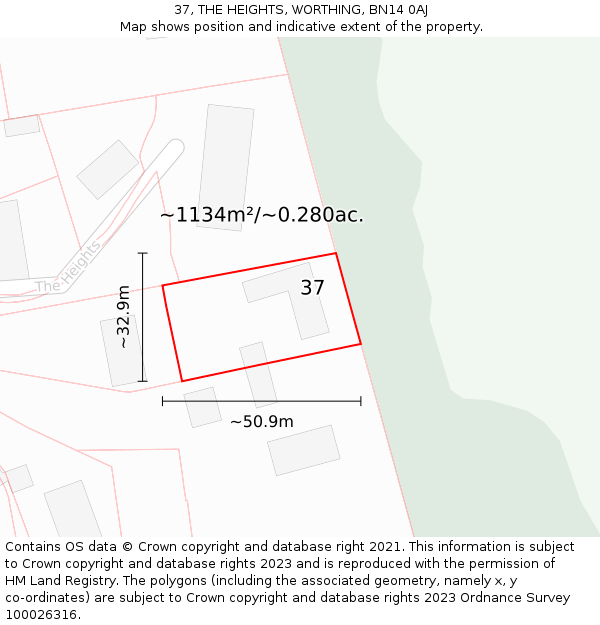 37, THE HEIGHTS, WORTHING, BN14 0AJ: Plot and title map