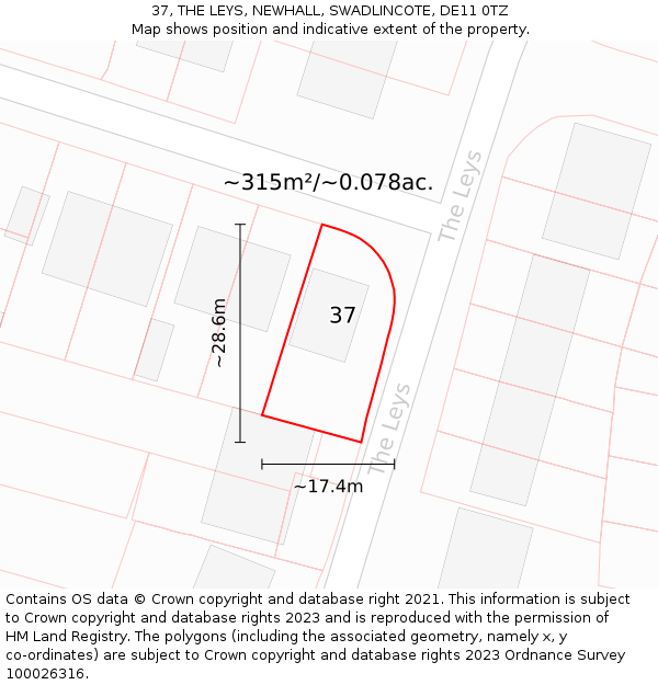 37, THE LEYS, NEWHALL, SWADLINCOTE, DE11 0TZ: Plot and title map
