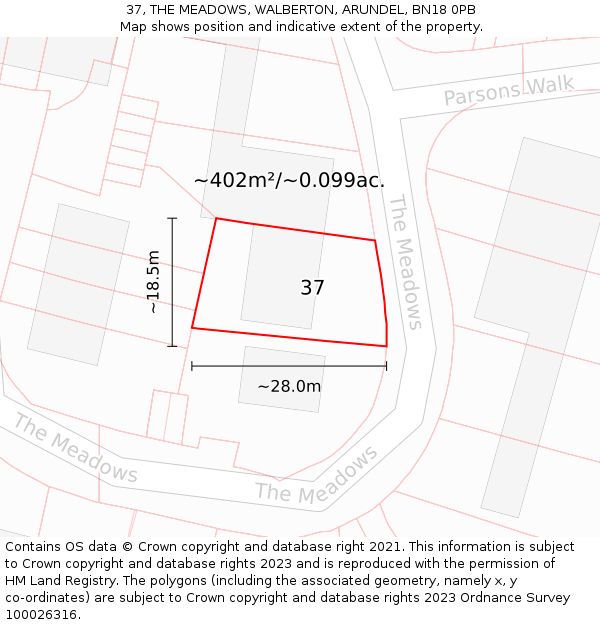 37, THE MEADOWS, WALBERTON, ARUNDEL, BN18 0PB: Plot and title map
