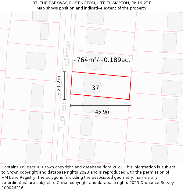 37, THE PARKWAY, RUSTINGTON, LITTLEHAMPTON, BN16 2BT: Plot and title map