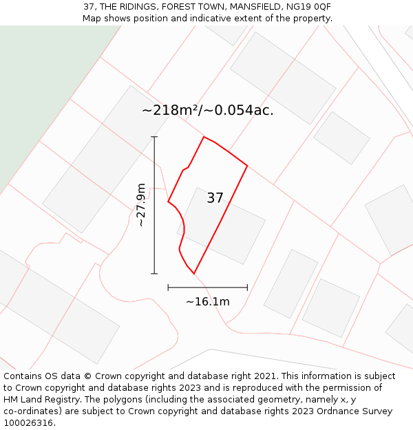 37, THE RIDINGS, FOREST TOWN, MANSFIELD, NG19 0QF: Plot and title map