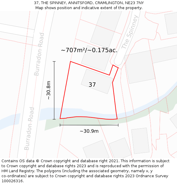 37, THE SPINNEY, ANNITSFORD, CRAMLINGTON, NE23 7NY: Plot and title map