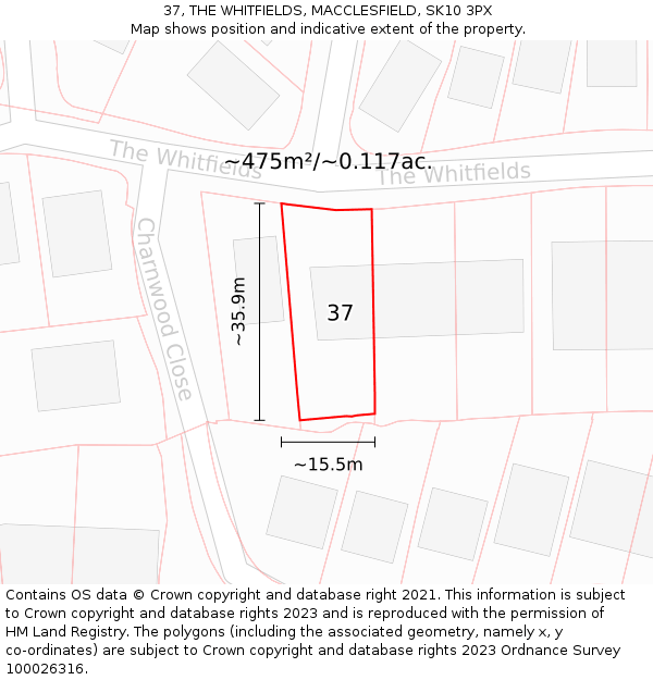 37, THE WHITFIELDS, MACCLESFIELD, SK10 3PX: Plot and title map