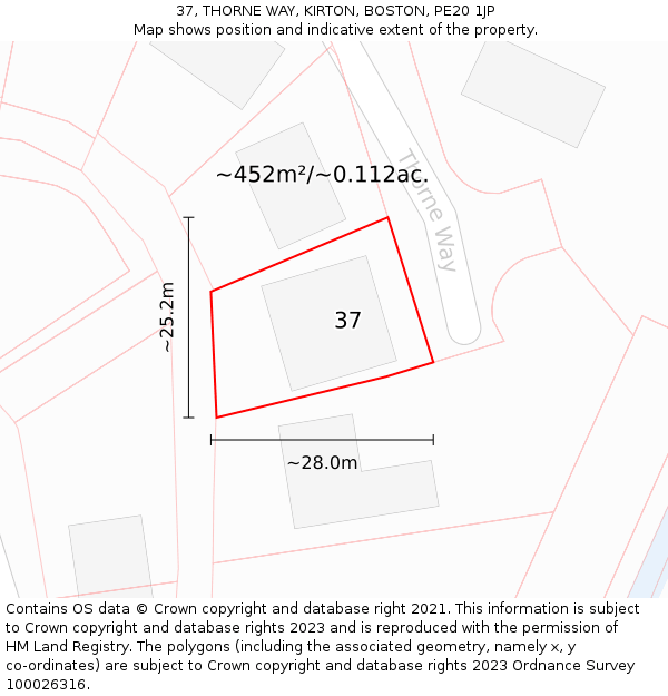 37, THORNE WAY, KIRTON, BOSTON, PE20 1JP: Plot and title map