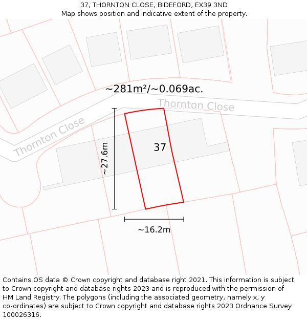 37, THORNTON CLOSE, BIDEFORD, EX39 3ND: Plot and title map