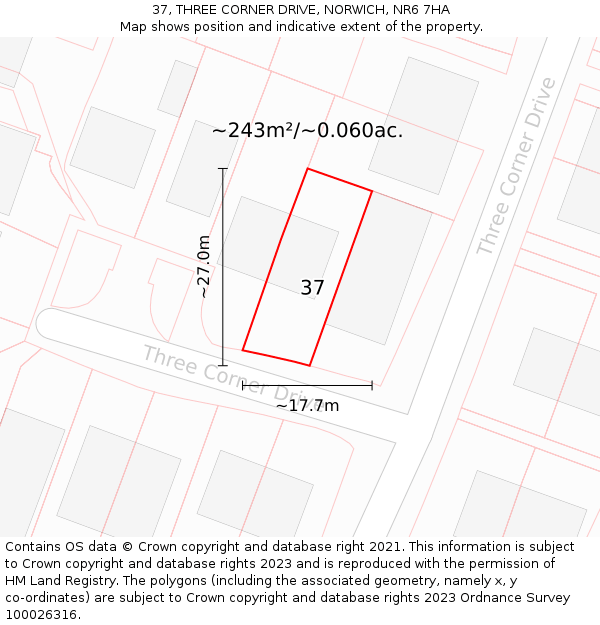 37, THREE CORNER DRIVE, NORWICH, NR6 7HA: Plot and title map
