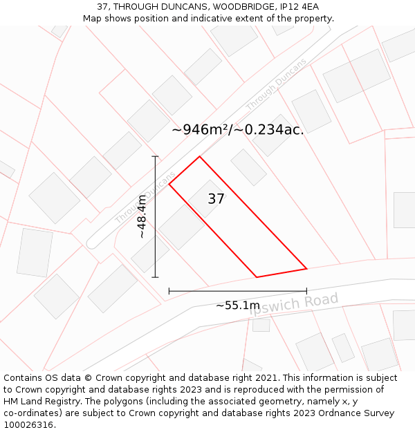 37, THROUGH DUNCANS, WOODBRIDGE, IP12 4EA: Plot and title map