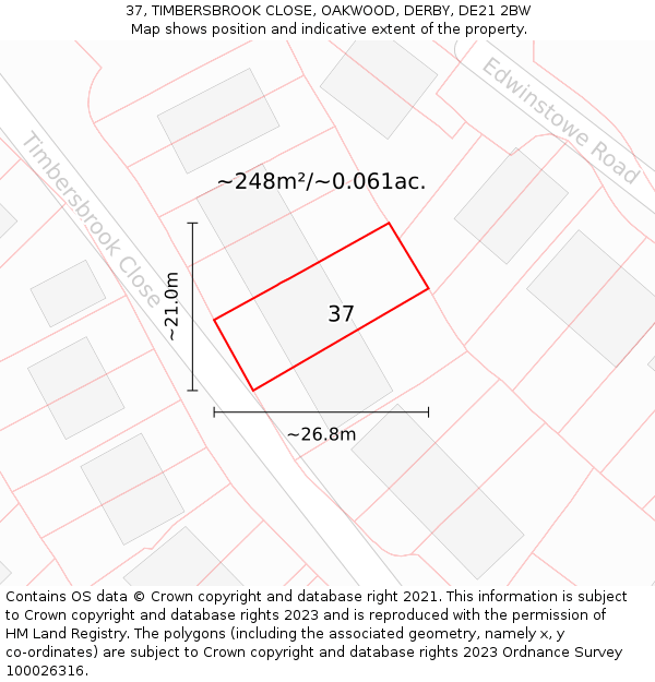 37, TIMBERSBROOK CLOSE, OAKWOOD, DERBY, DE21 2BW: Plot and title map