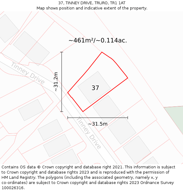 37, TINNEY DRIVE, TRURO, TR1 1AT: Plot and title map