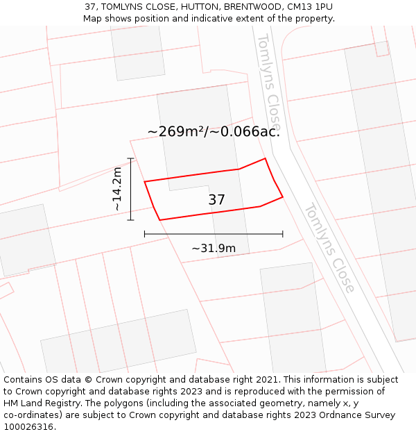 37, TOMLYNS CLOSE, HUTTON, BRENTWOOD, CM13 1PU: Plot and title map
