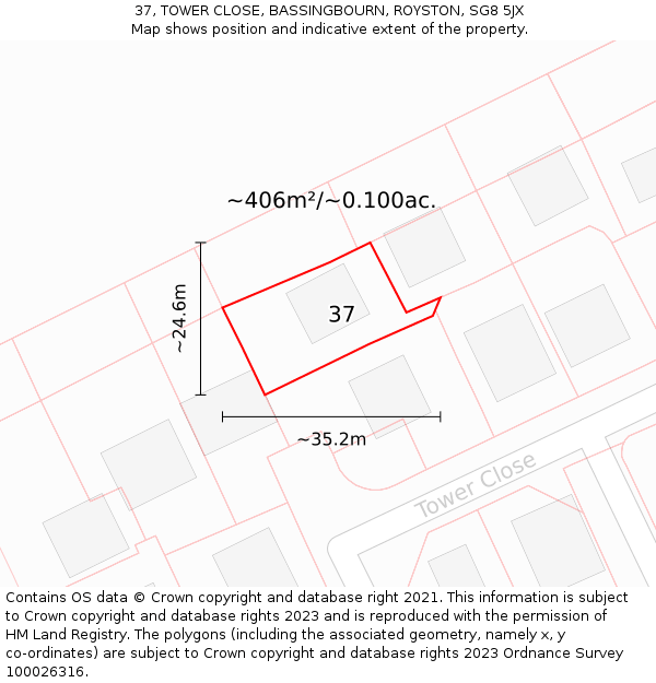 37, TOWER CLOSE, BASSINGBOURN, ROYSTON, SG8 5JX: Plot and title map