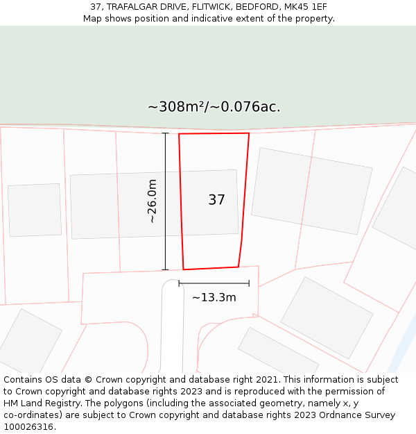 37, TRAFALGAR DRIVE, FLITWICK, BEDFORD, MK45 1EF: Plot and title map