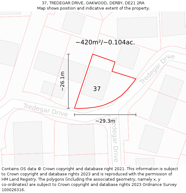 37, TREDEGAR DRIVE, OAKWOOD, DERBY, DE21 2RA: Plot and title map