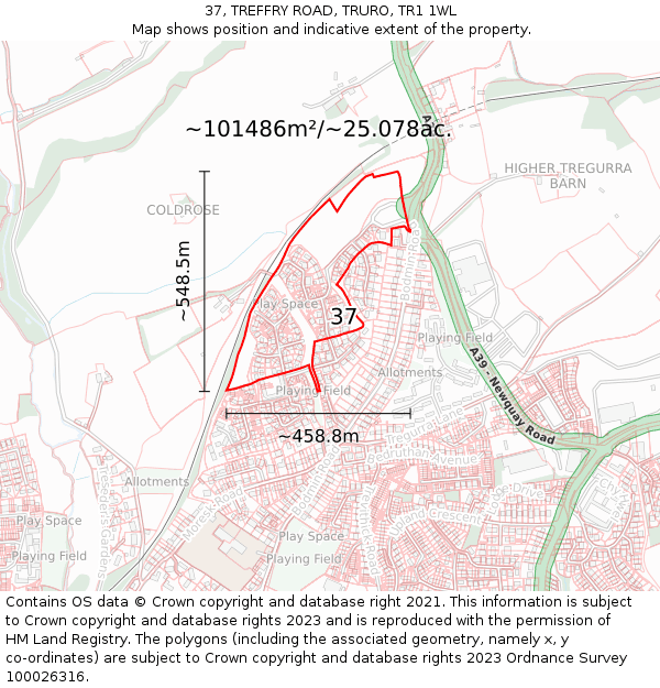 37, TREFFRY ROAD, TRURO, TR1 1WL: Plot and title map