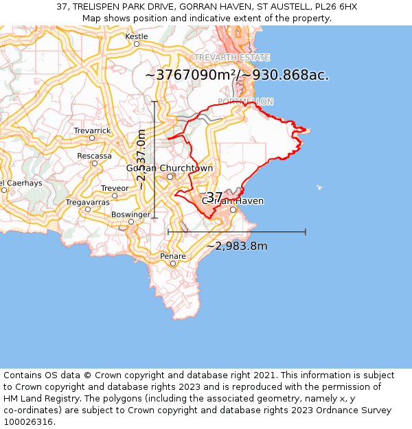 37, TRELISPEN PARK DRIVE, GORRAN HAVEN, ST AUSTELL, PL26 6HX: Plot and title map