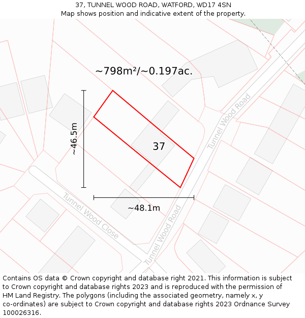 37, TUNNEL WOOD ROAD, WATFORD, WD17 4SN: Plot and title map