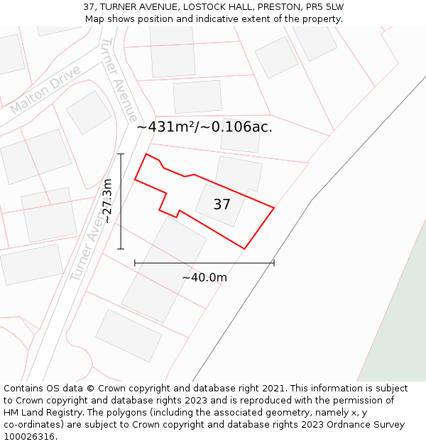 37, TURNER AVENUE, LOSTOCK HALL, PRESTON, PR5 5LW: Plot and title map