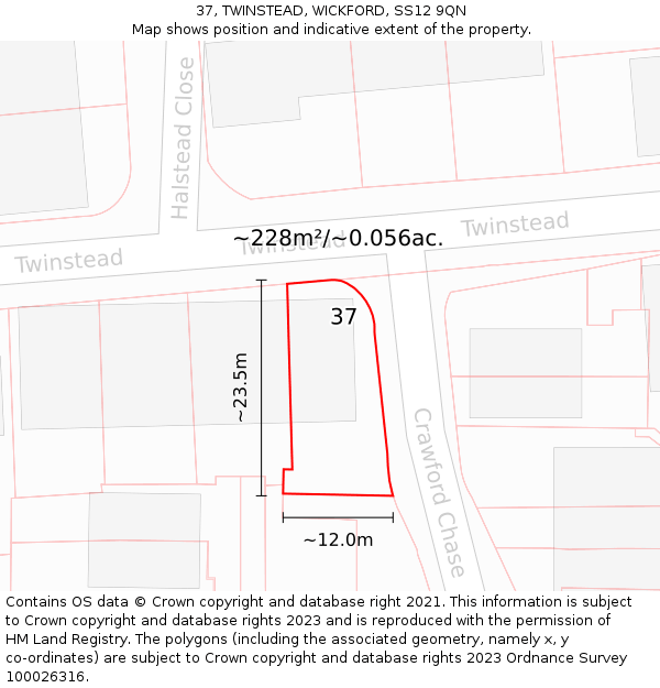 37, TWINSTEAD, WICKFORD, SS12 9QN: Plot and title map