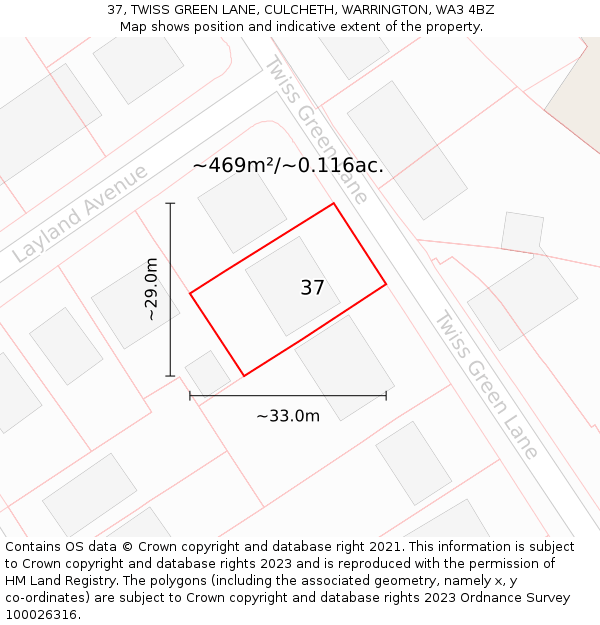 37, TWISS GREEN LANE, CULCHETH, WARRINGTON, WA3 4BZ: Plot and title map