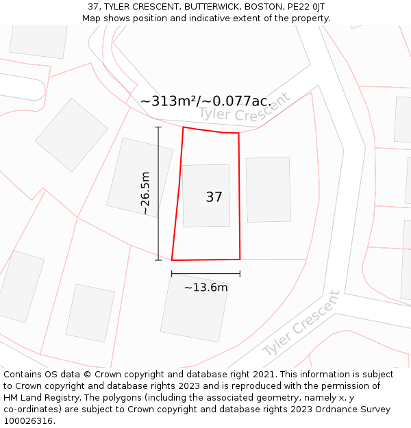 37, TYLER CRESCENT, BUTTERWICK, BOSTON, PE22 0JT: Plot and title map