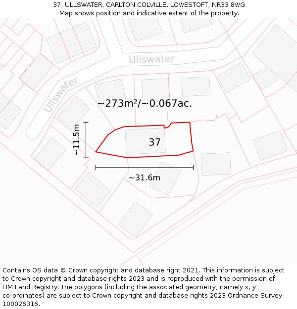 37, ULLSWATER, CARLTON COLVILLE, LOWESTOFT, NR33 8WG: Plot and title map