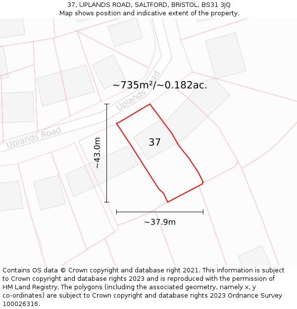 37, UPLANDS ROAD, SALTFORD, BRISTOL, BS31 3JQ: Plot and title map