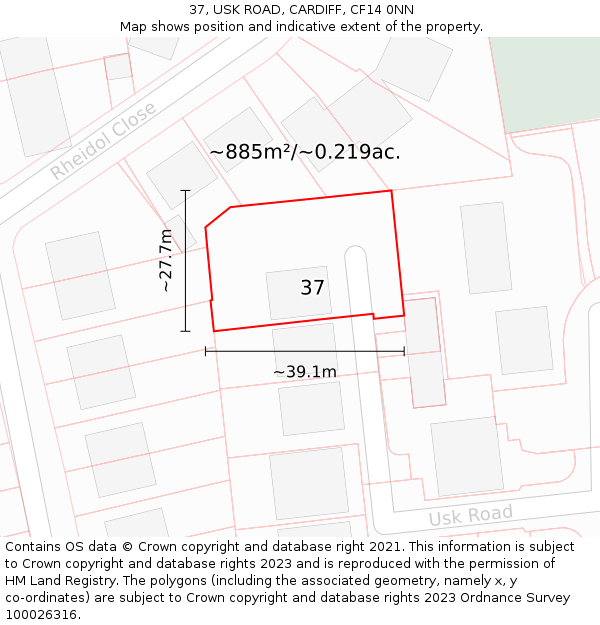 37, USK ROAD, CARDIFF, CF14 0NN: Plot and title map