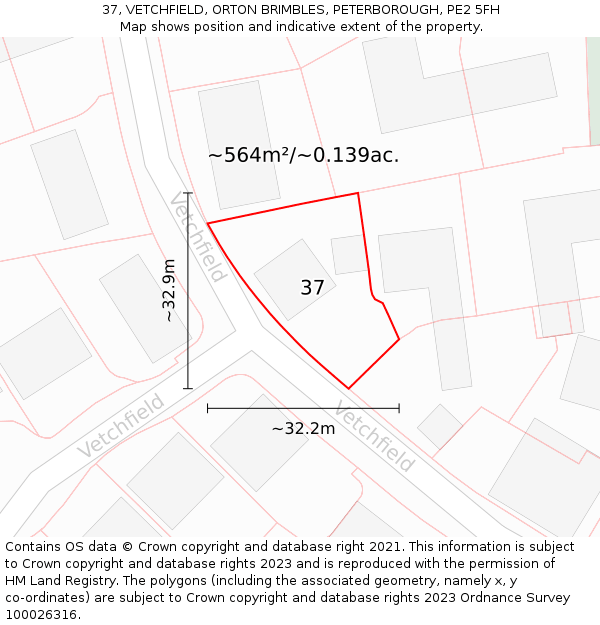 37, VETCHFIELD, ORTON BRIMBLES, PETERBOROUGH, PE2 5FH: Plot and title map