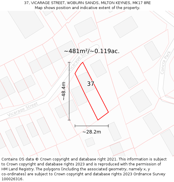 37, VICARAGE STREET, WOBURN SANDS, MILTON KEYNES, MK17 8RE: Plot and title map